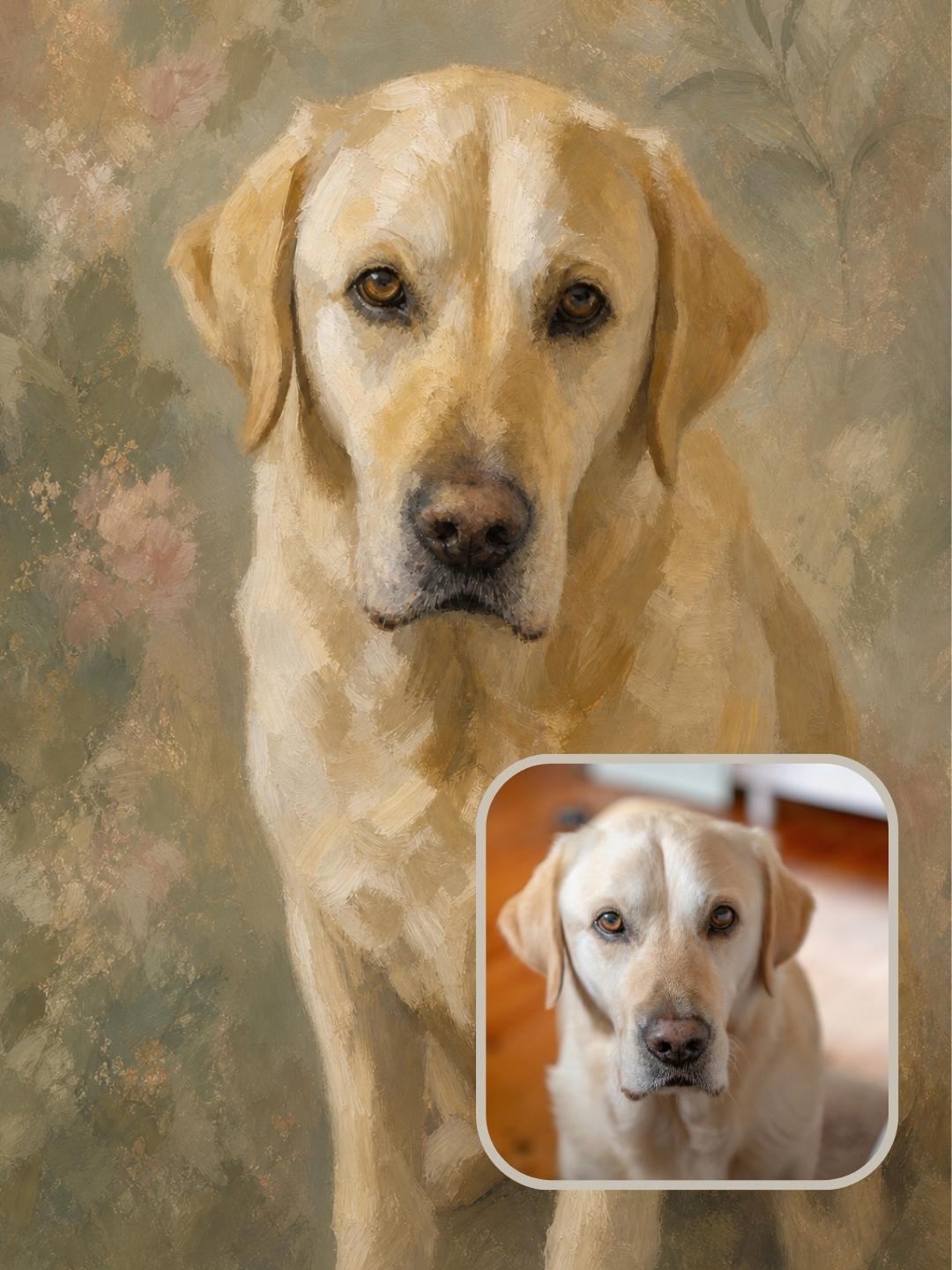 Verdelle style custom dog portrait  of a yellow labrador retriever created from a customer photo