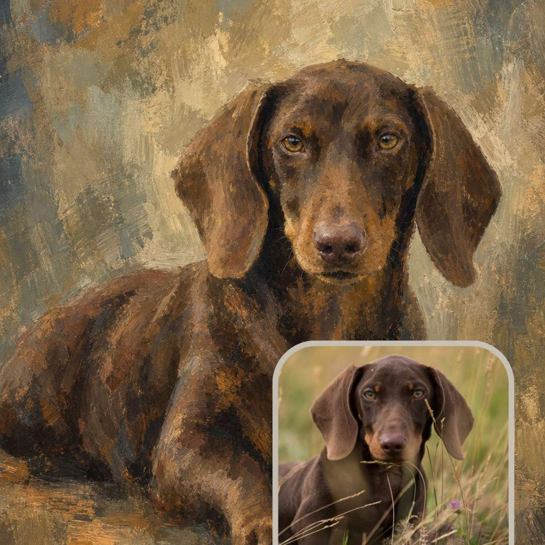 Colorfield custom dog portrait of a dachshund shown as finished framed artwork