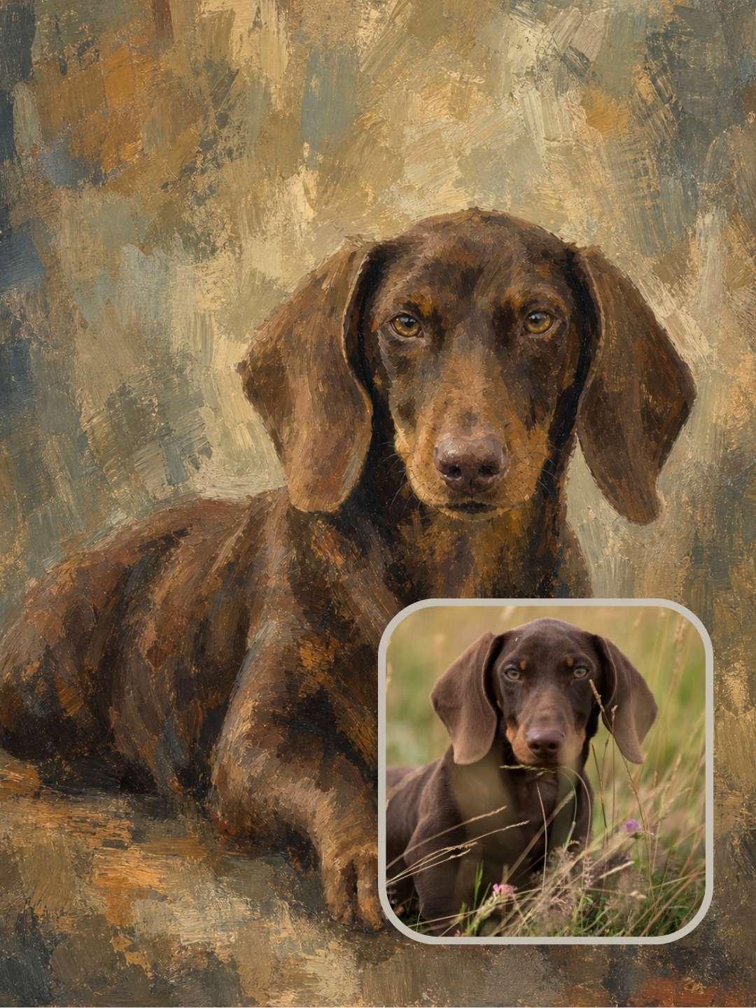 Colorfield custom dog portrait of a dachshund shown as finished framed artwork