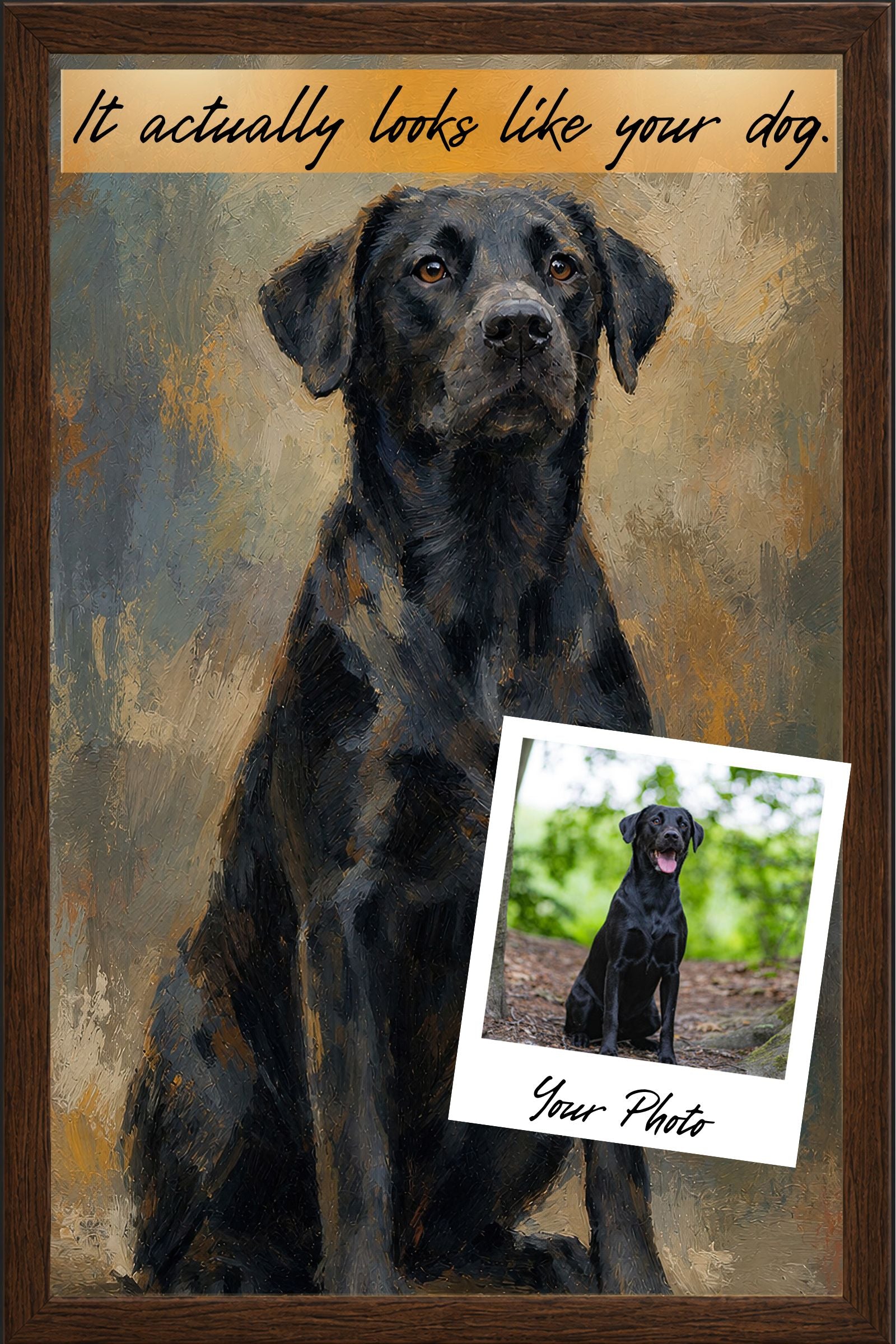 Colorfield style custom portrait of a black lab shown as a framed archival paper print