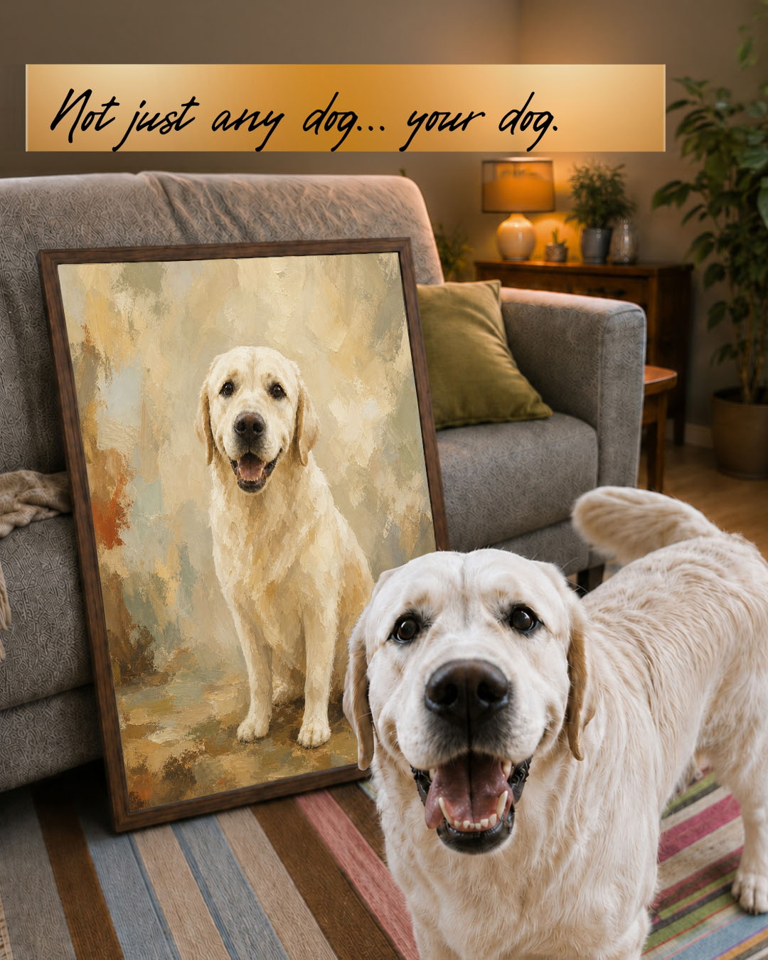 Framed Colorfield custom pet portrait in a walnut frame with acrylic front