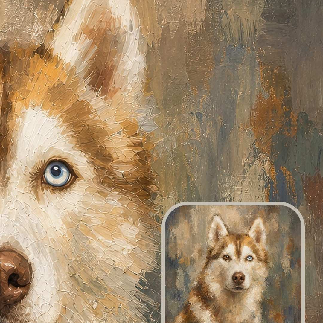 Finished Colorfield custom dog portrait of a Husky shown as a personalized pet portrait gift