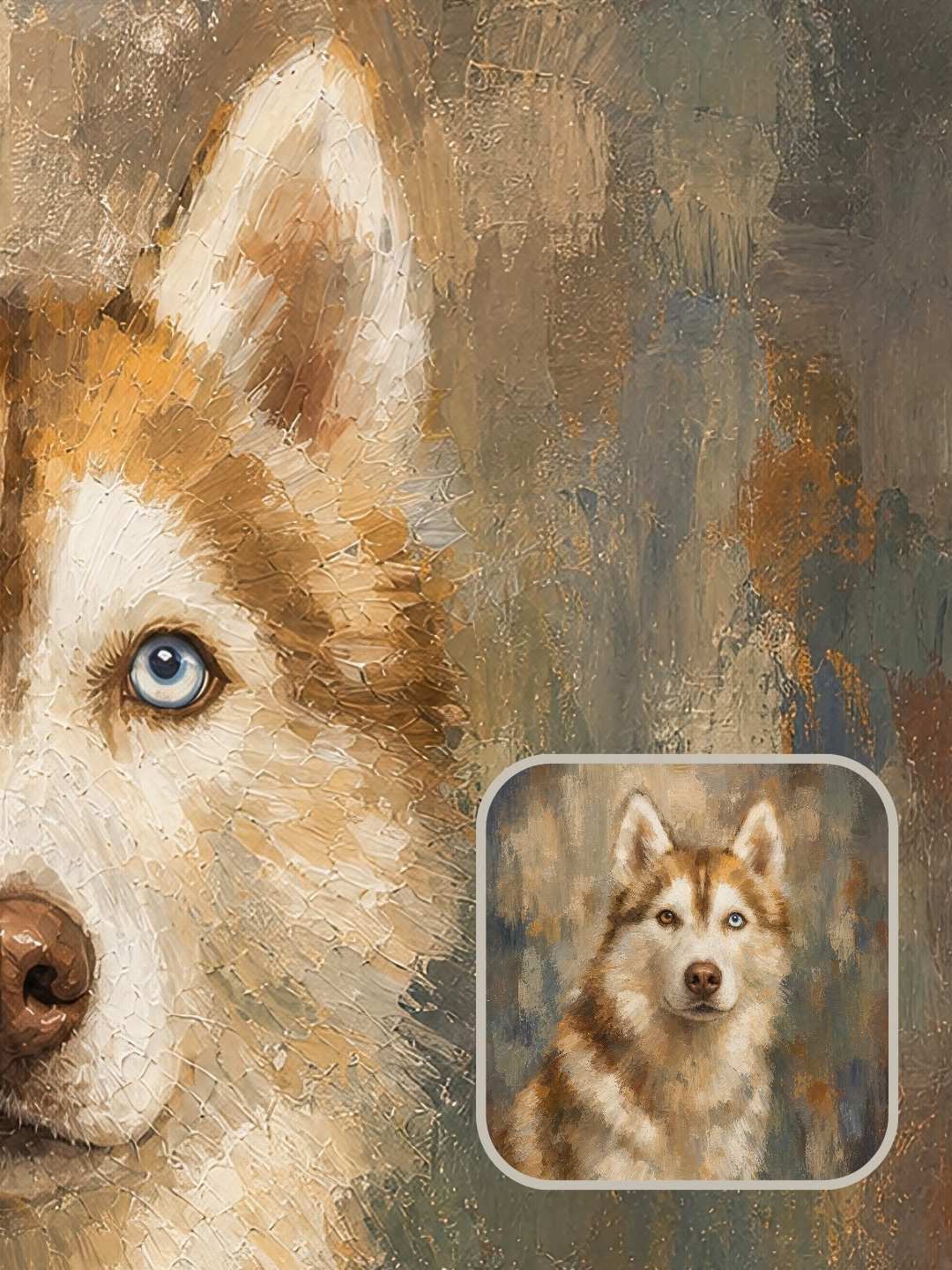 Finished Colorfield custom dog portrait of a Husky shown as a personalized pet portrait gift