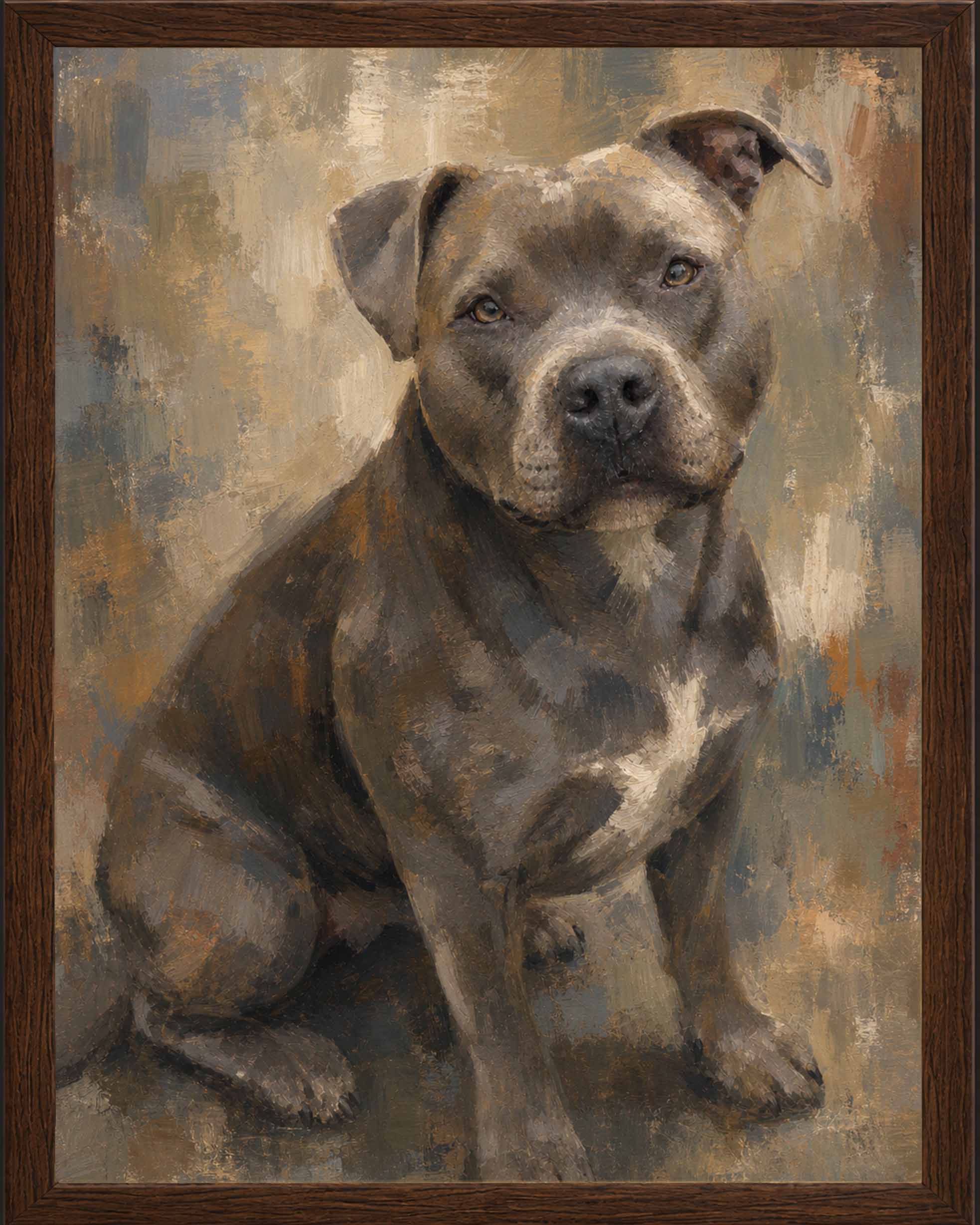 Finished Colorfield custom dog portrait of a pit bull shown in a customer review slide