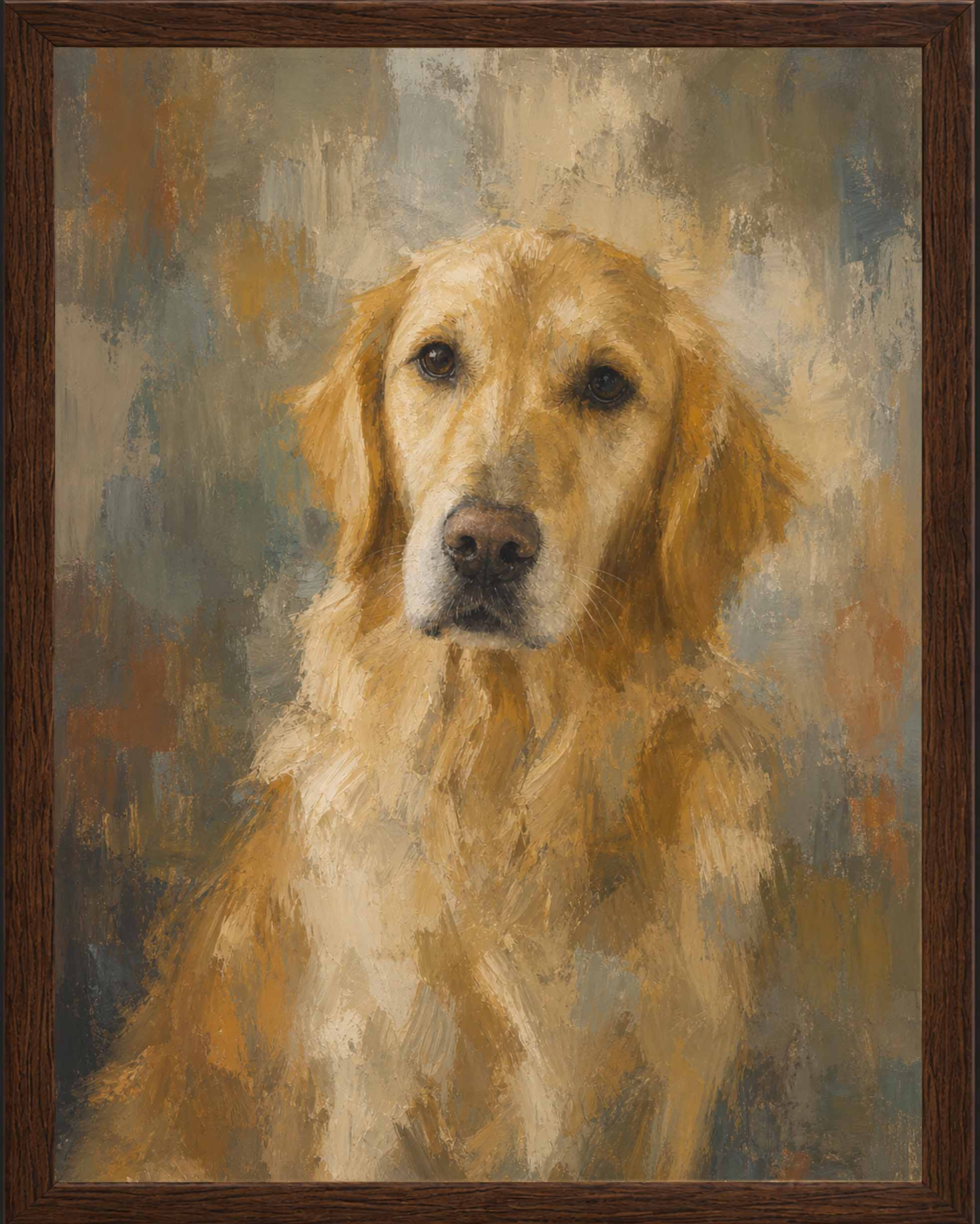 Finished Colorfield custom dog portrait of a Golden Retriever shown as a personalized pet portrait gift
