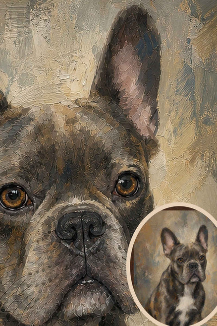 Close up of painterly brushstrokes in a Colorfield custom dog portrait of a French Bulldog
