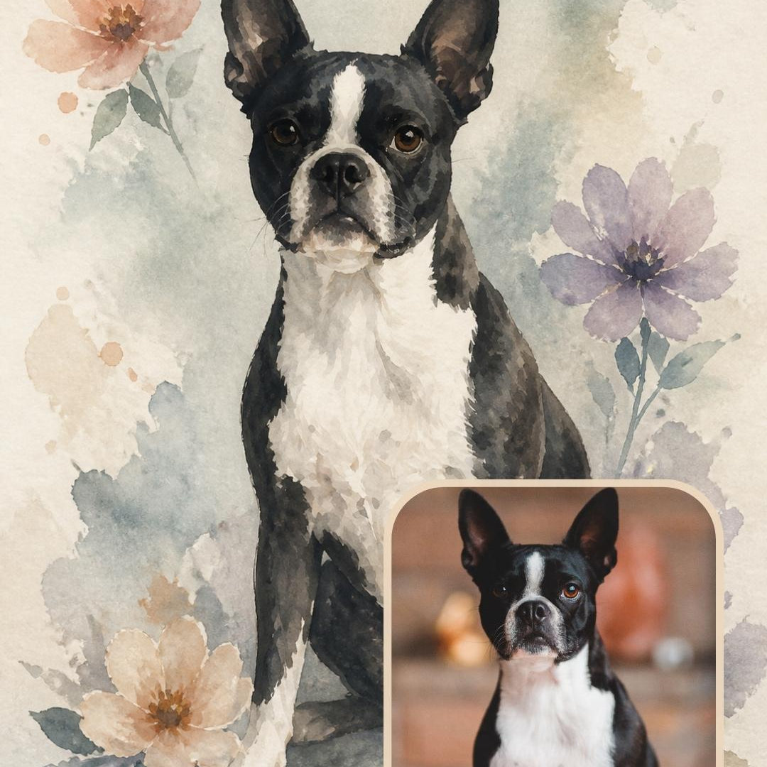Nivara custom dog portrait shown as finished framed artwork