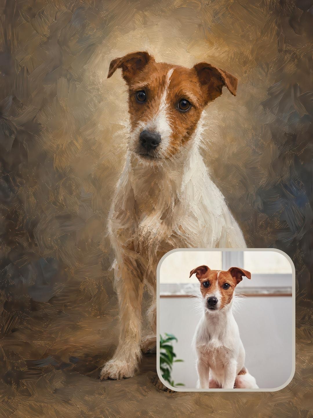 Finished Nivara style dog portrait created from an uploaded photo