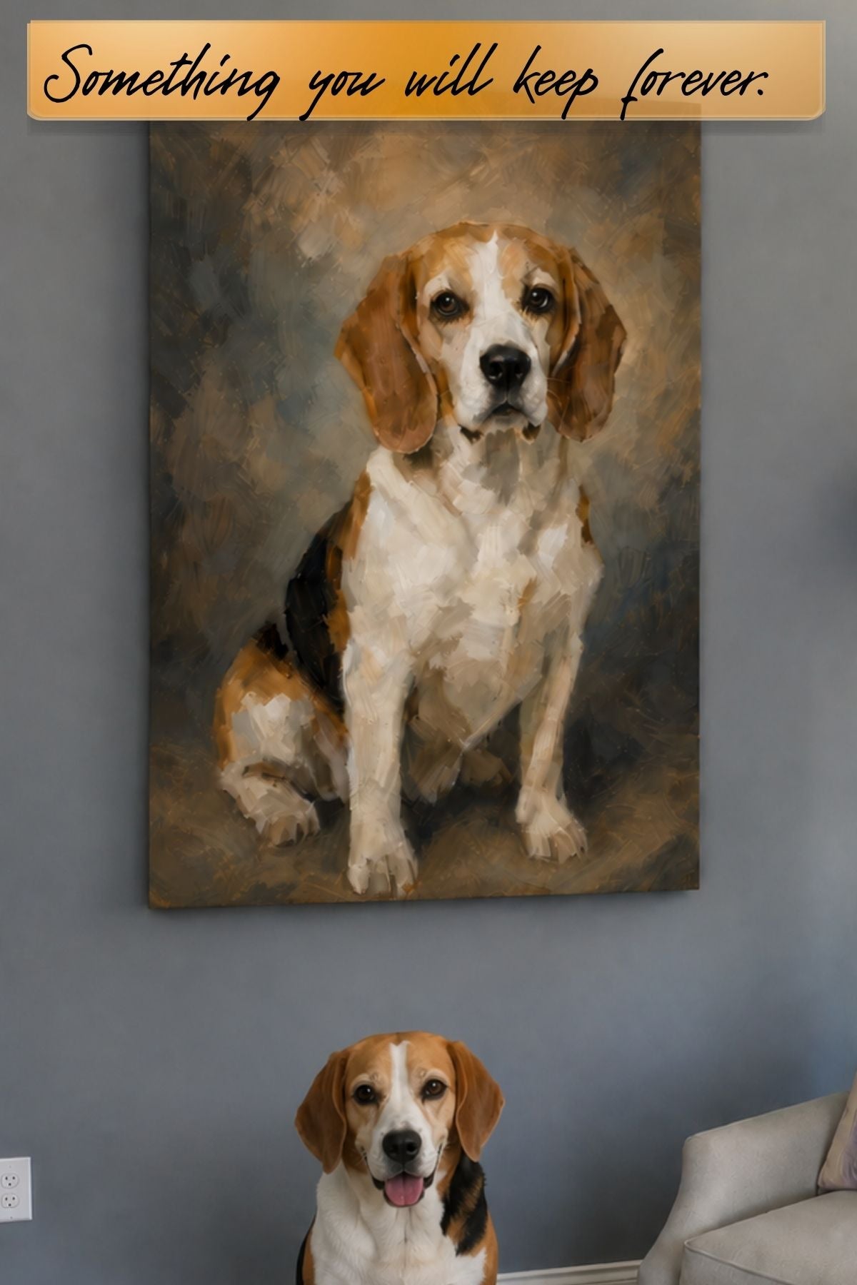 Framed Nivara custom pet portrait of a beagle on canvas