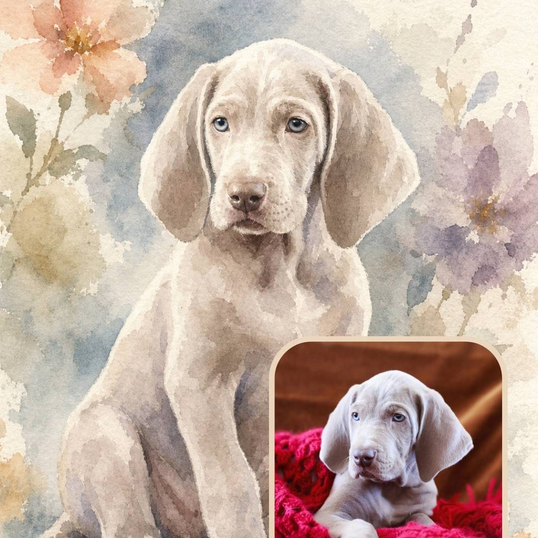 Finished Nivara style Weimeraner dog portrait created from an uploaded photo