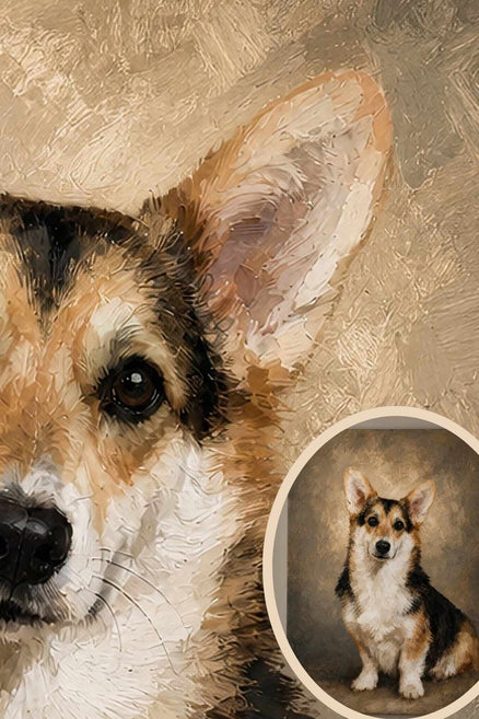 Close up of painterly brushstrokes in a Nivara custom dog portrait of a Corgi