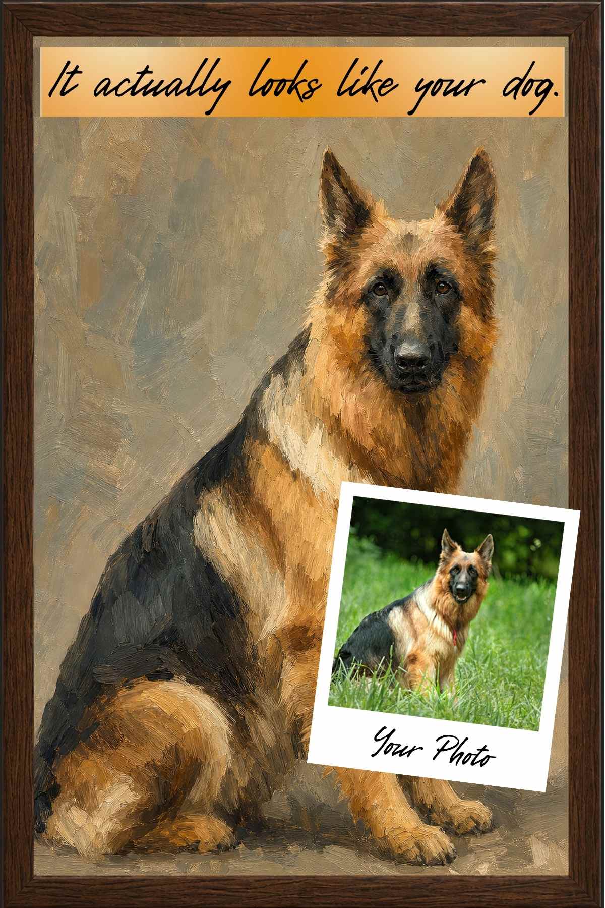Sarmel style custom portrait of a German Shepherd shown as a framed archival paper print
