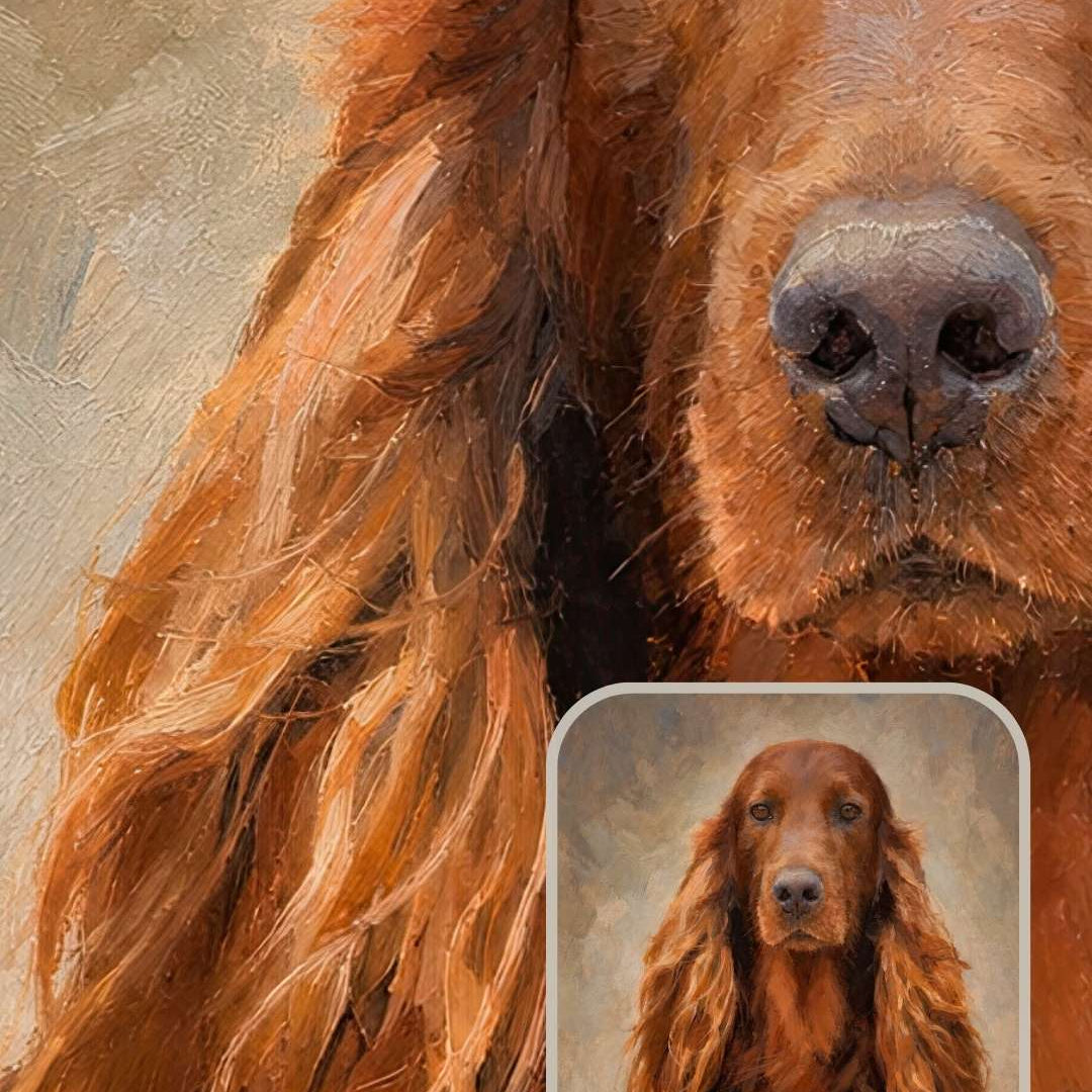 Sarmel dog portrait of an Irish setter created from a customer photo