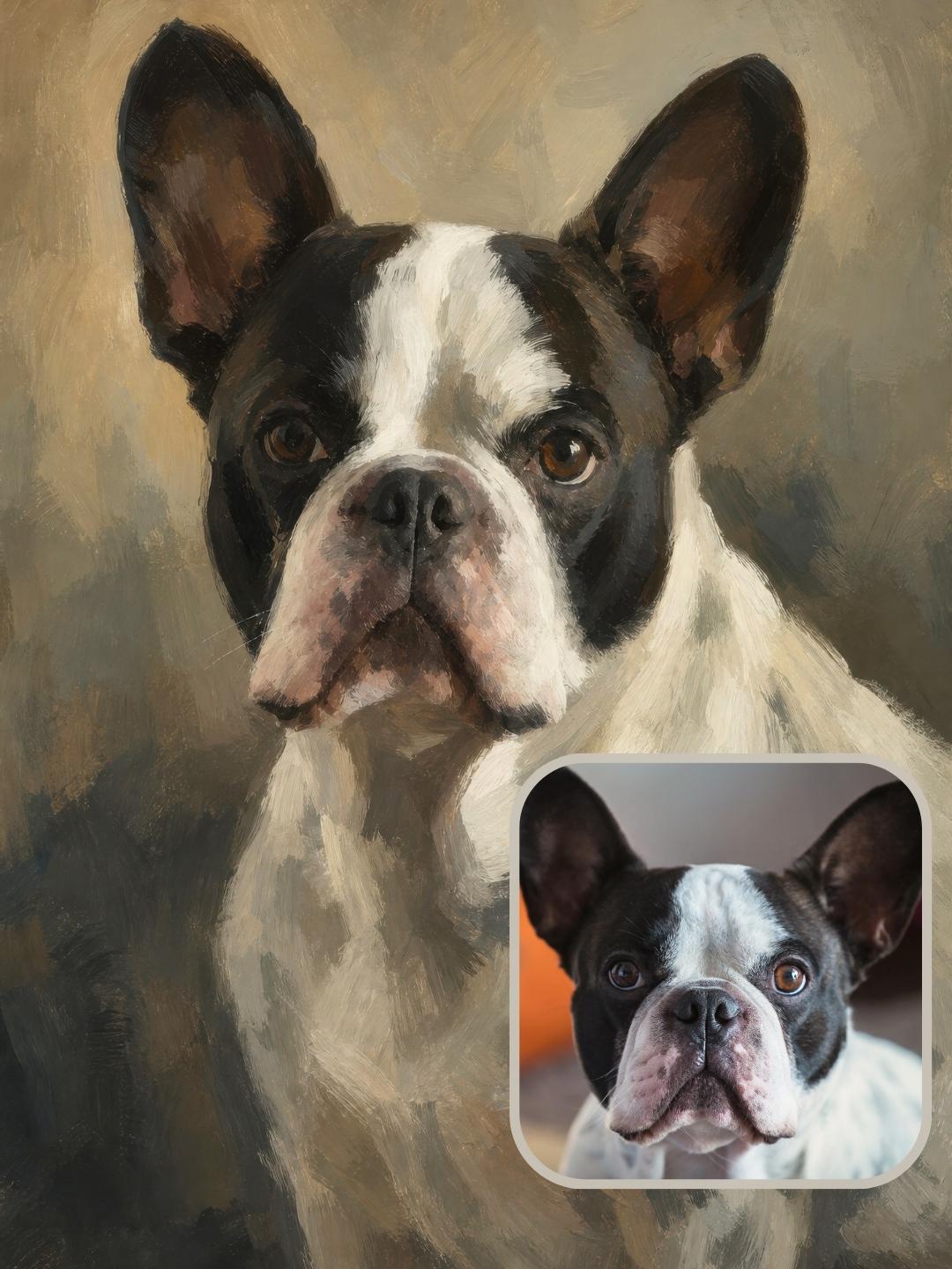 Custom pet portrait framed print example on a Fench bulldog in the Sarmel style