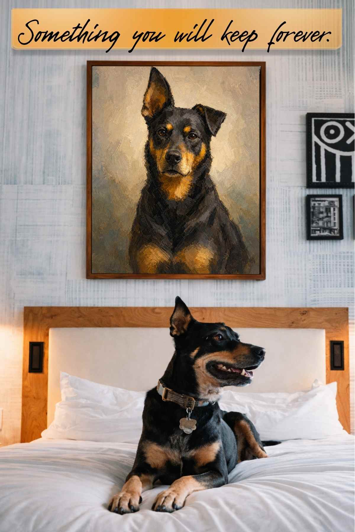 Framed Sarmel custom pet portrait in a walnut frame with acrylic front