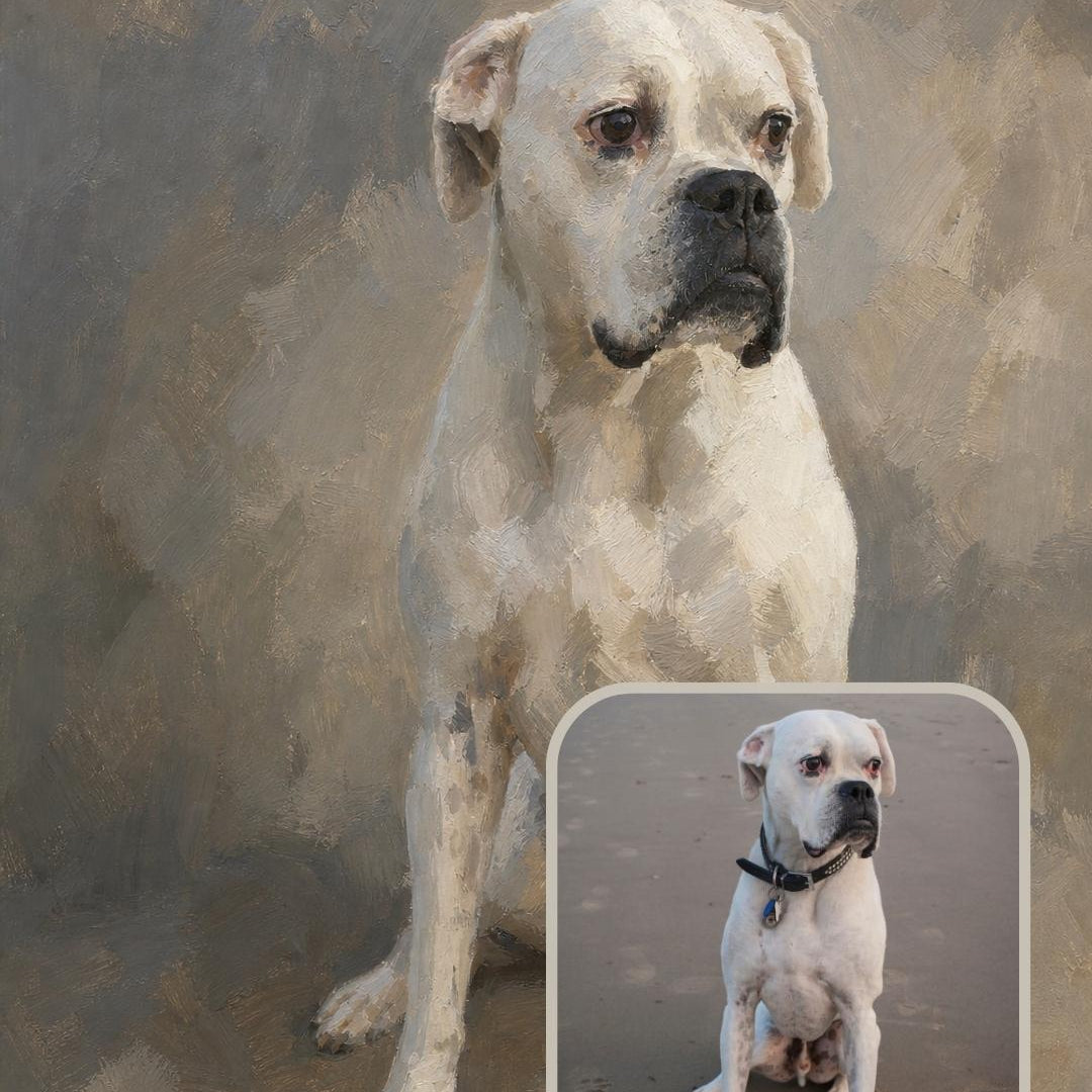 Finished Sarmel style dog portrait created from an uploaded photo of a white boxer