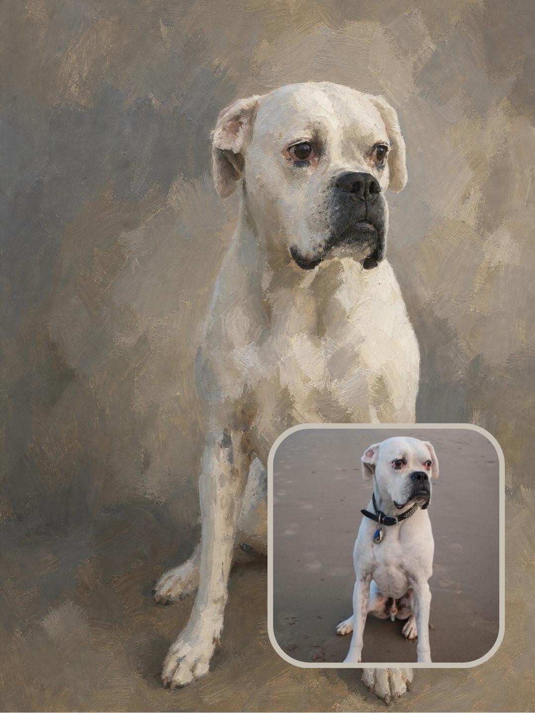 Finished Sarmel style dog portrait created from an uploaded photo of a white boxer