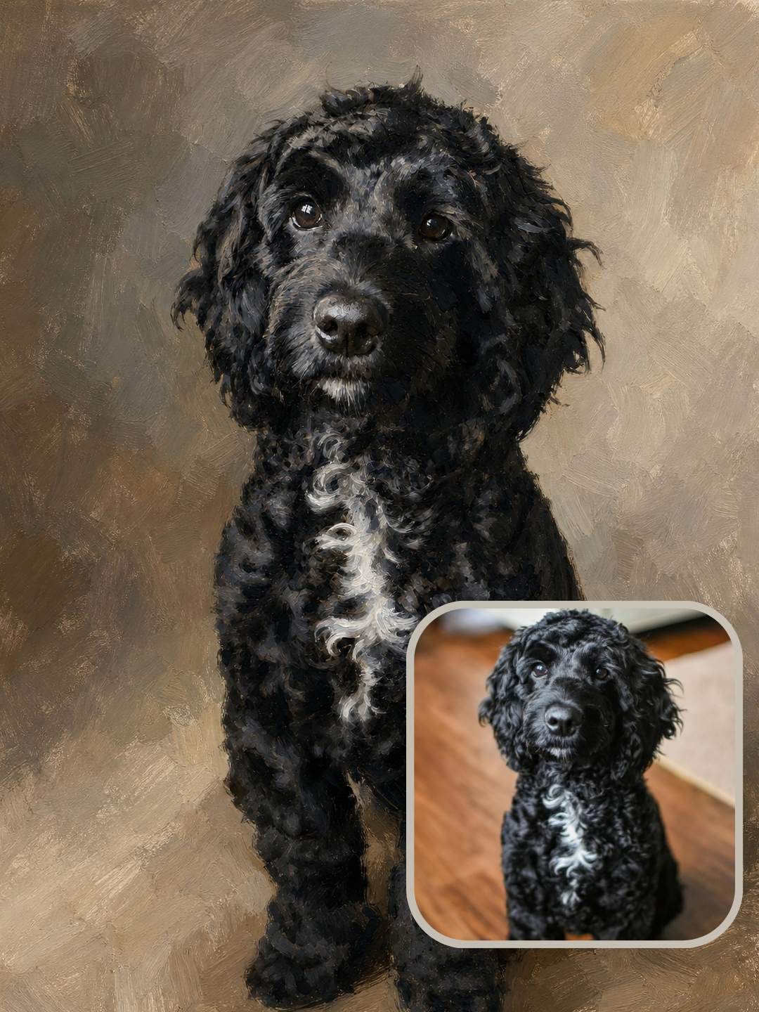 Finished Sarmel custom dog portrait of a Poodle shown as a personalized pet portrait gift