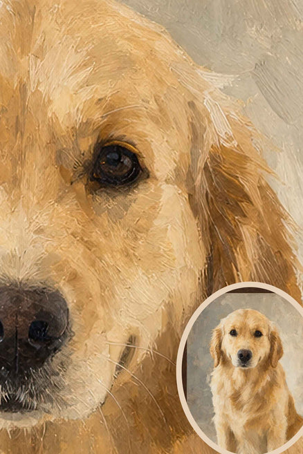Close up of painterly brushstrokes in a Sarmel custom portrait of a golden retriever