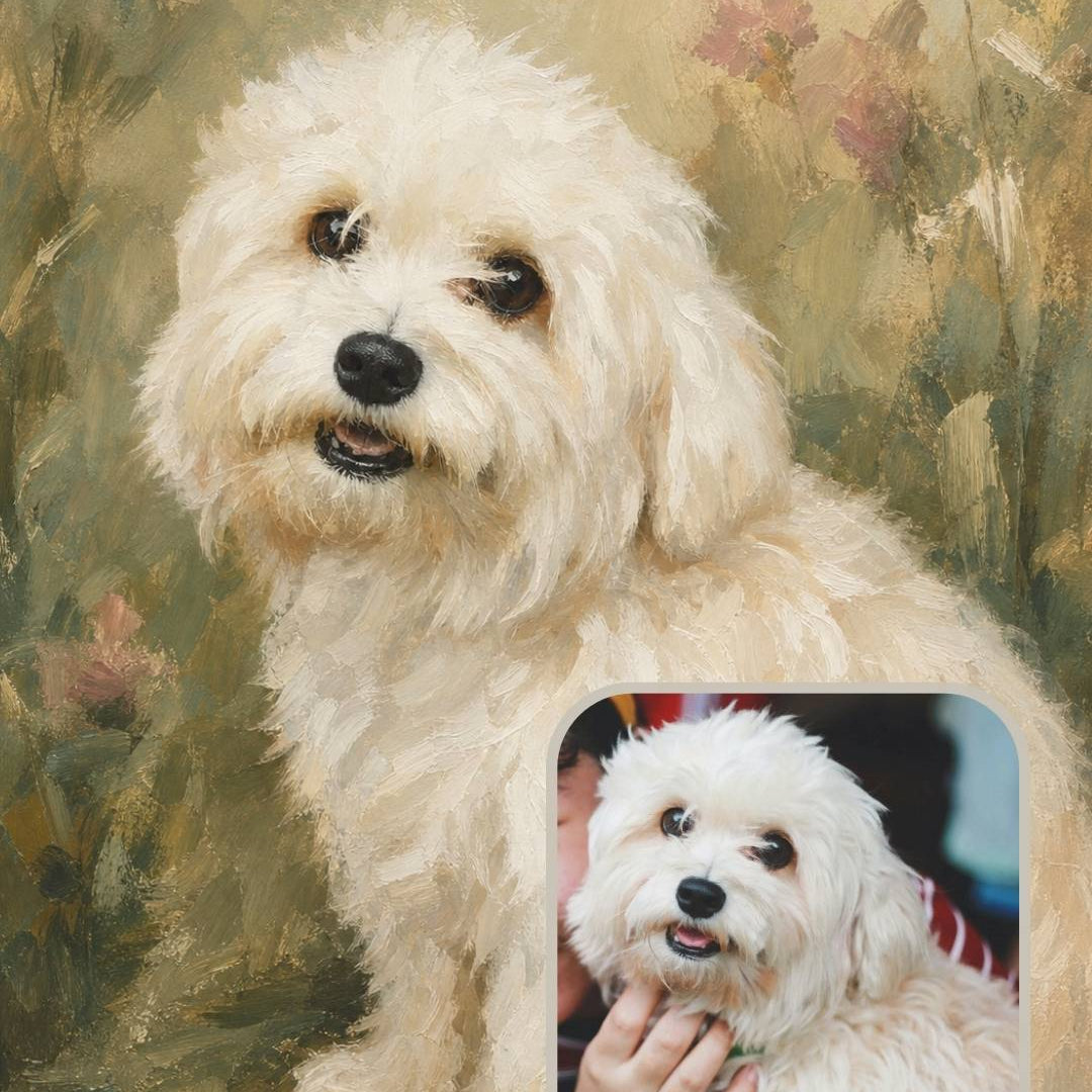 Verdelle custom dog portrait shown as finished framed artwork