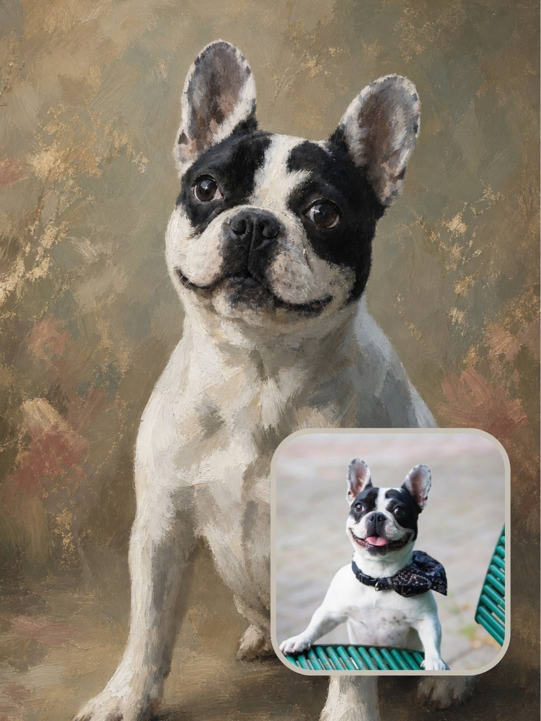 Verdelle custom dog portrait of a French Bulldog shown as finished framed artwork