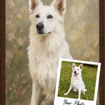 Verdelle style custom dog portrait of a white German Shepherd shown as a framed archival paper print