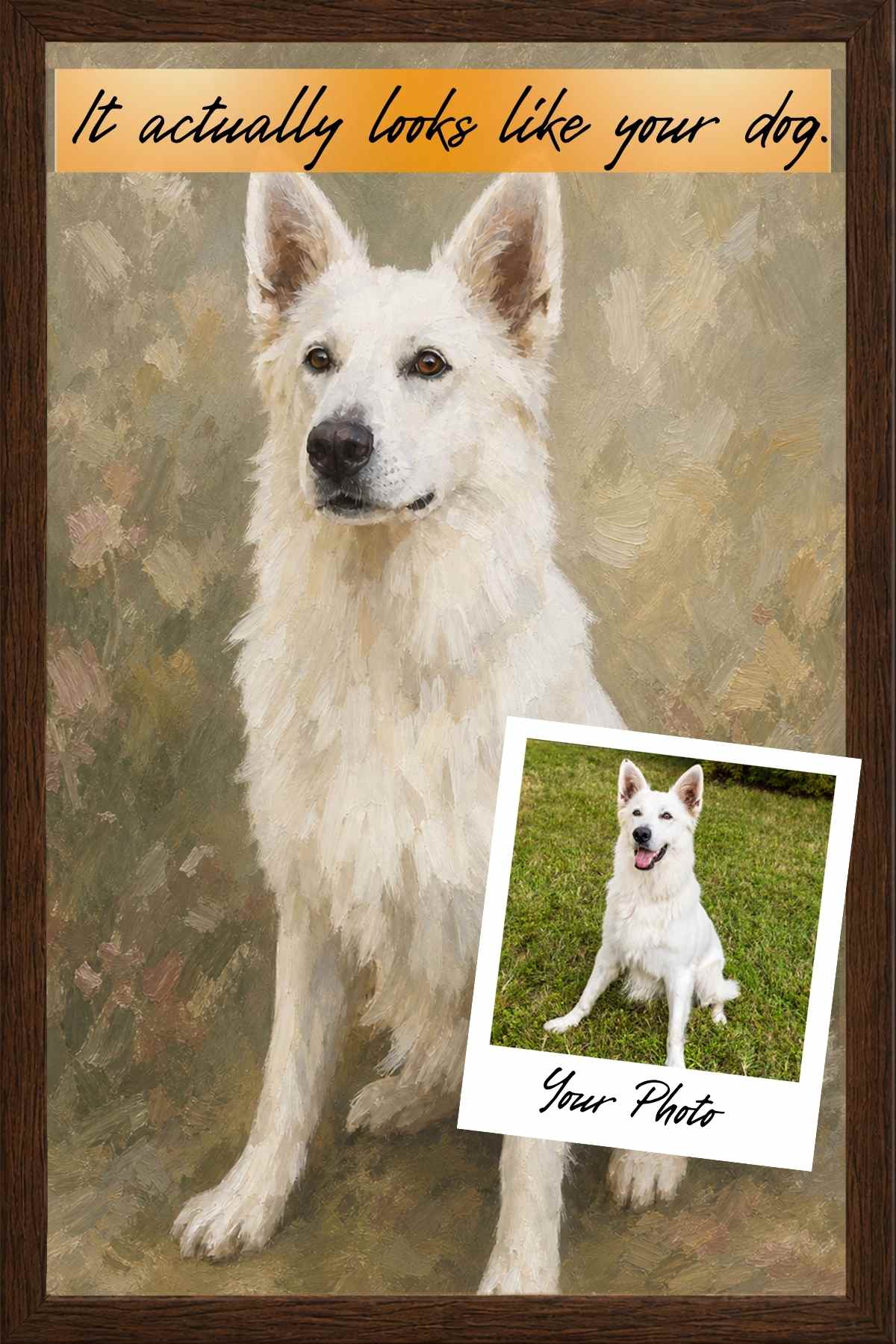 Verdelle style custom dog portrait of a white German Shepherd shown as a framed archival paper print