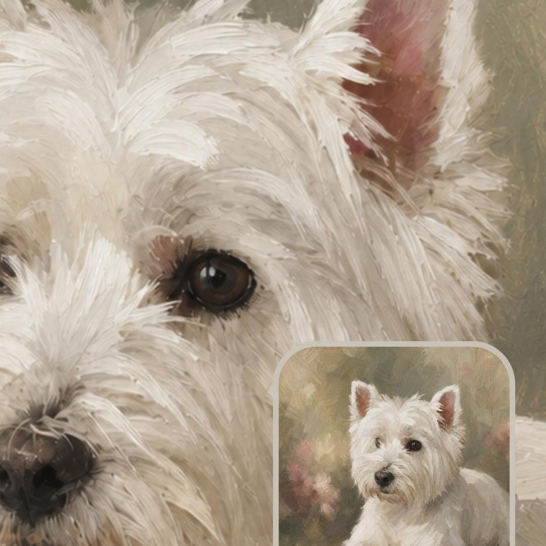 Finished custom dog portrait gallery example in the Verdelle style