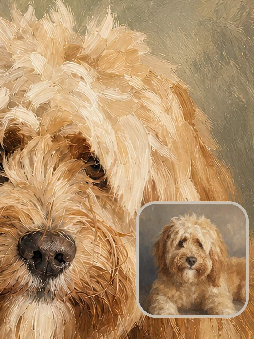Custom pet portrait framed print example in the Verdelle style