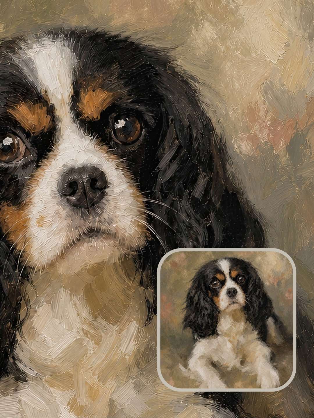 Custom pet portrait example of a Cavalier King Charles in the Verdelle painting style