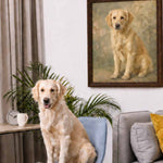Framed Sarmel custom pet portrait of a Golden Retriever in a walnut frame with acrylic front