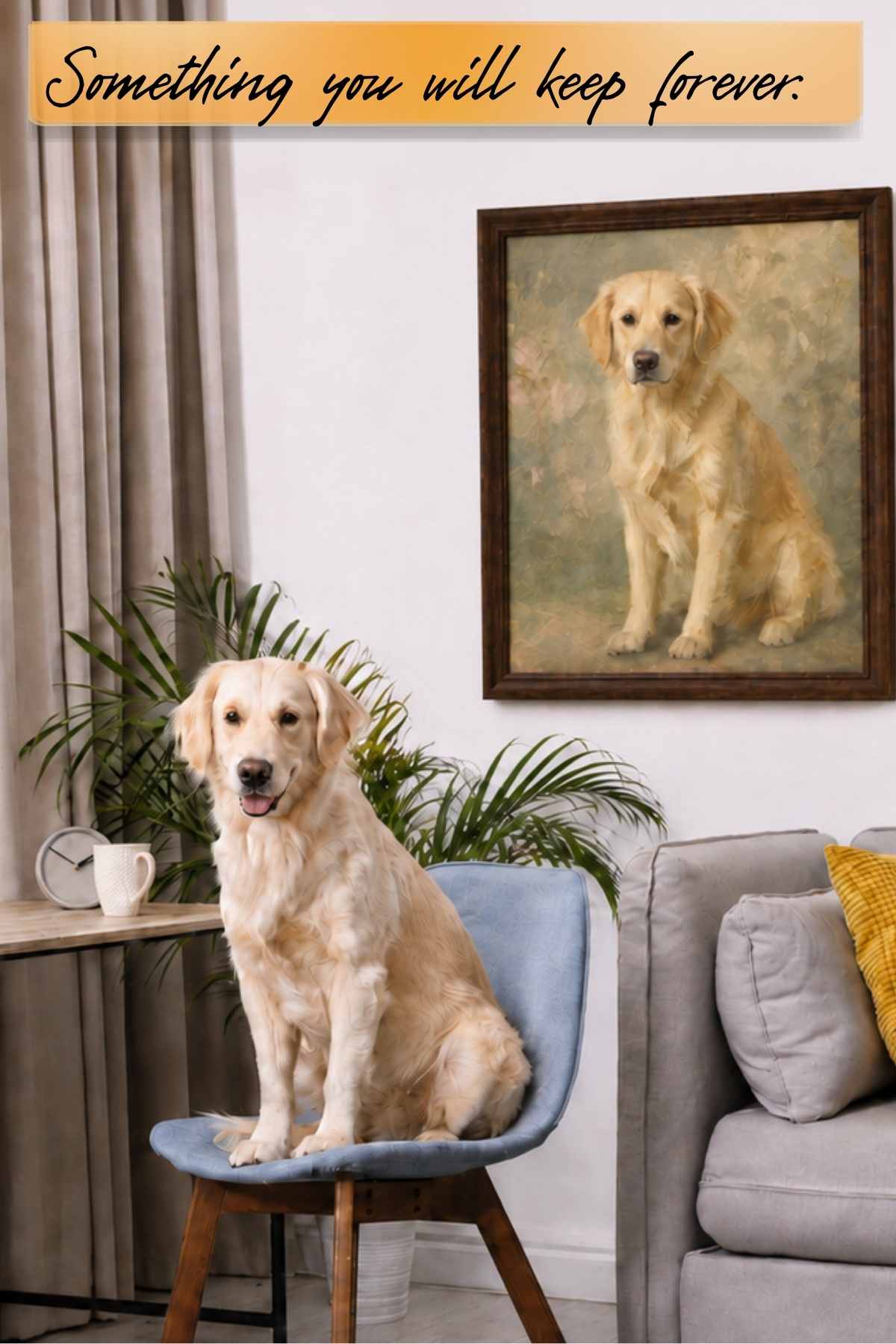 Framed Sarmel custom pet portrait of a Golden Retriever in a walnut frame with acrylic front