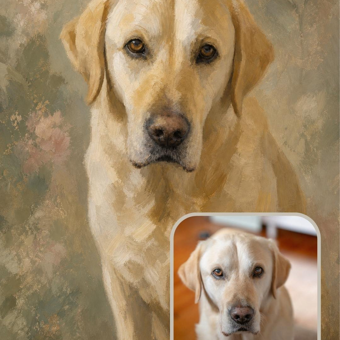 Verdelle style custom dog portrait  of a yellow labrador retriever created from a customer photo
