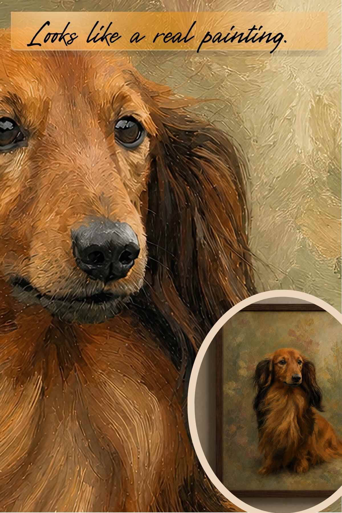 Custom dog portrait from a customer photo of a dachshund in the Verdelle painting style