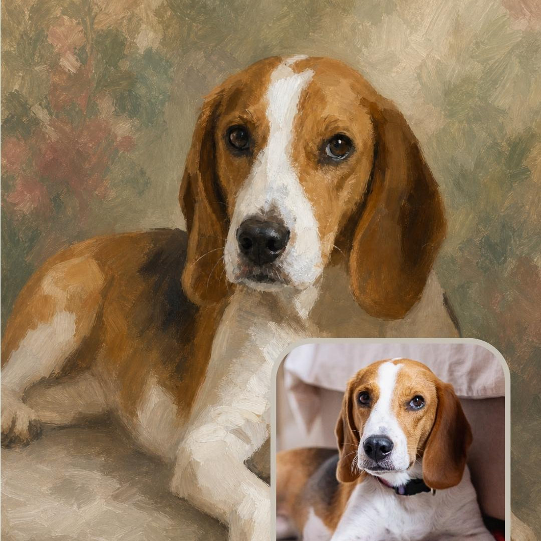 Finished Verdelle style dog portrait of a beagle created from an uploaded photo