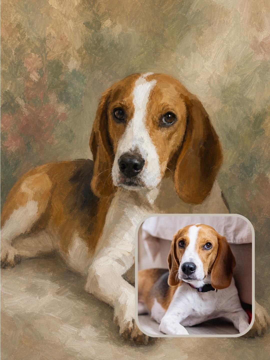 Finished Verdelle style dog portrait of a beagle created from an uploaded photo