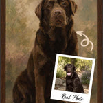 Framed Verdelle custom pet portrait of a chocolate labrador retriever in a walnut frame with acrylic front