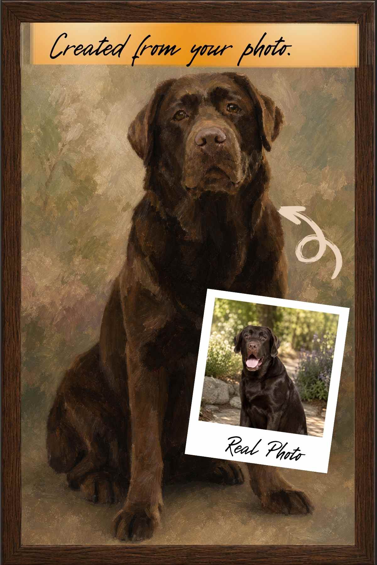 Framed Verdelle custom pet portrait of a chocolate labrador retriever in a walnut frame with acrylic front