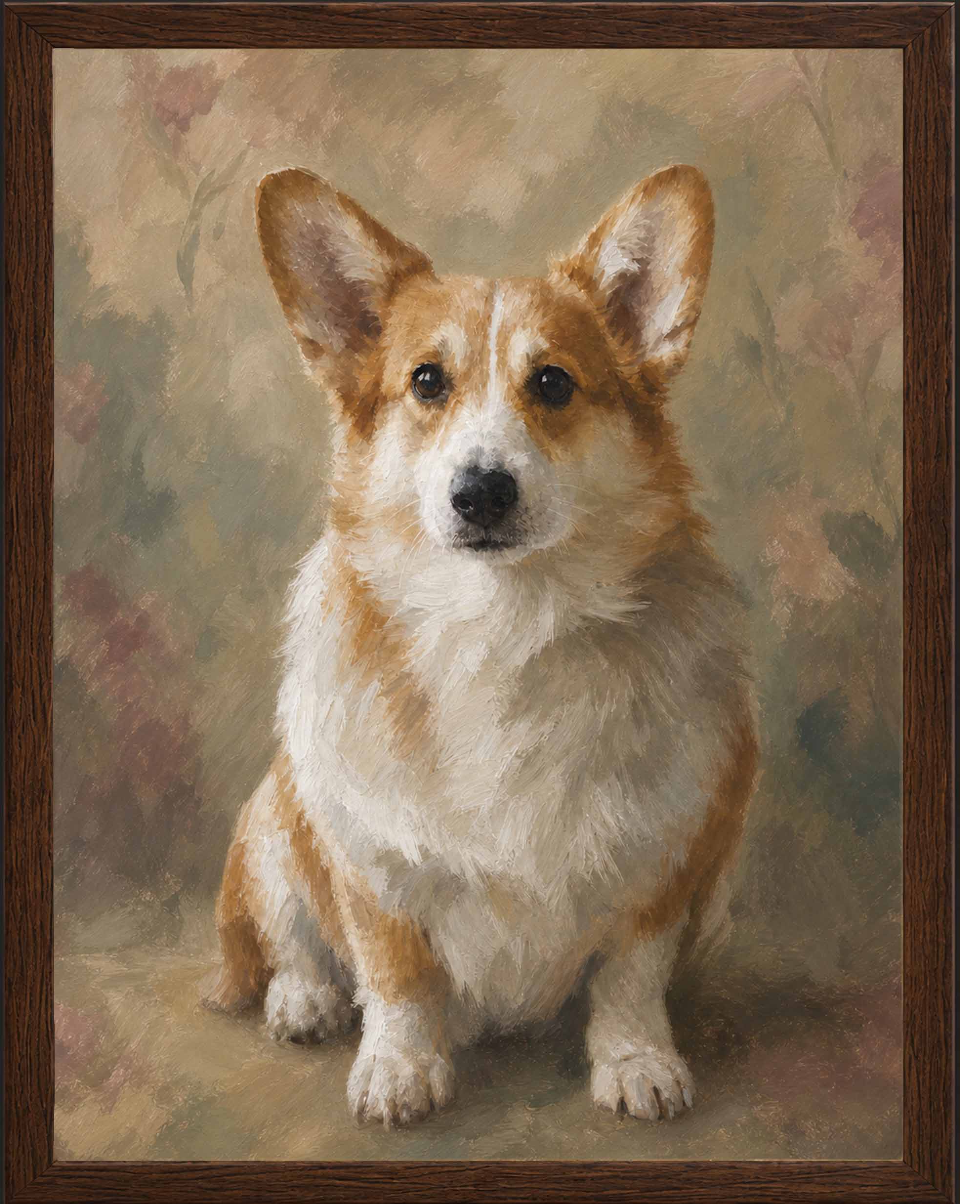Finished Verdelle custom pet portrait shown beside the original customer photo